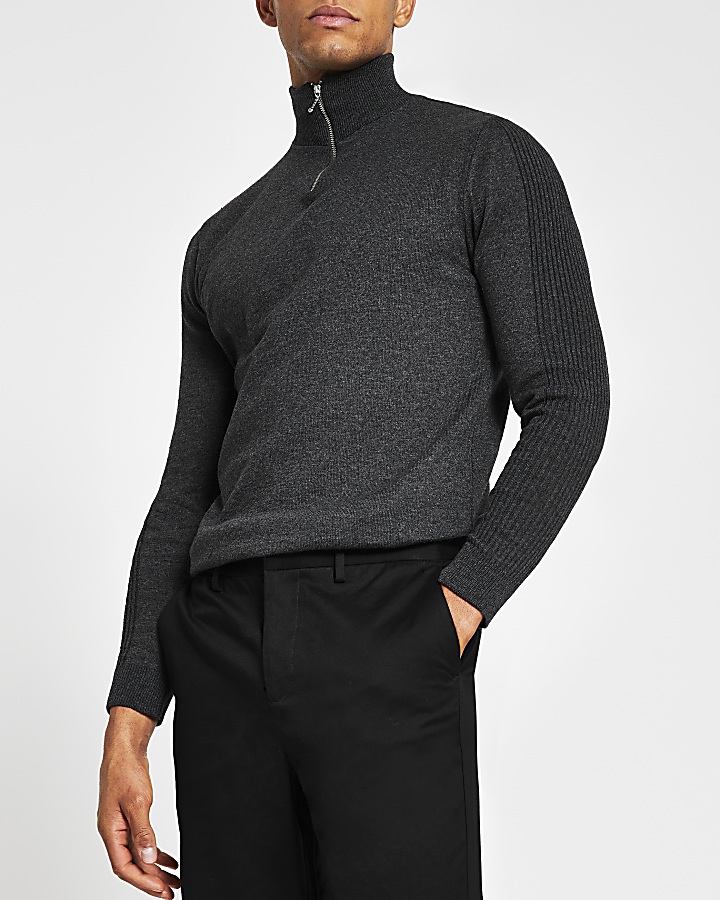 Grey half zip slim fit knitted jumper