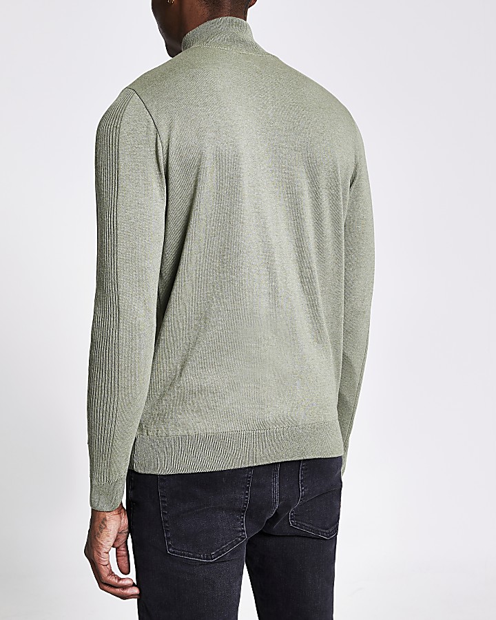 Green half zip slim fit knitted jumper
