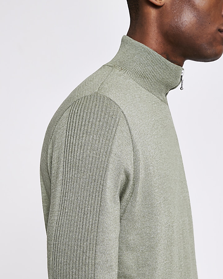 Green half zip slim fit knitted jumper