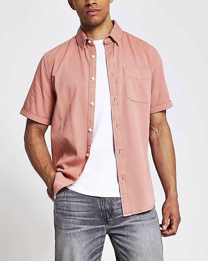 Pink short sleeve regular fit twill shirt