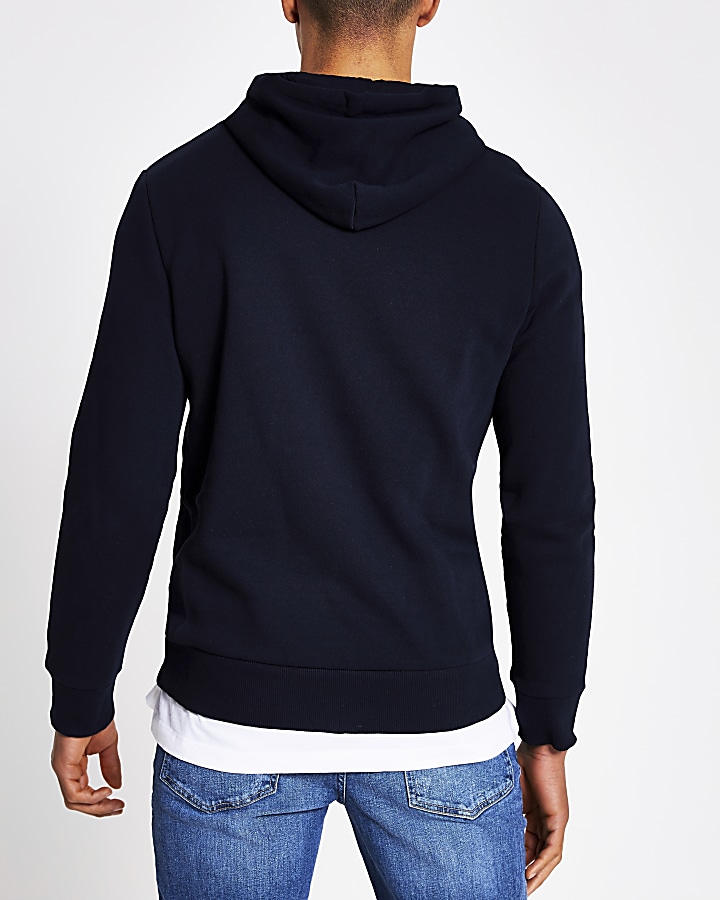 Navy embroidered slim fit hoodie