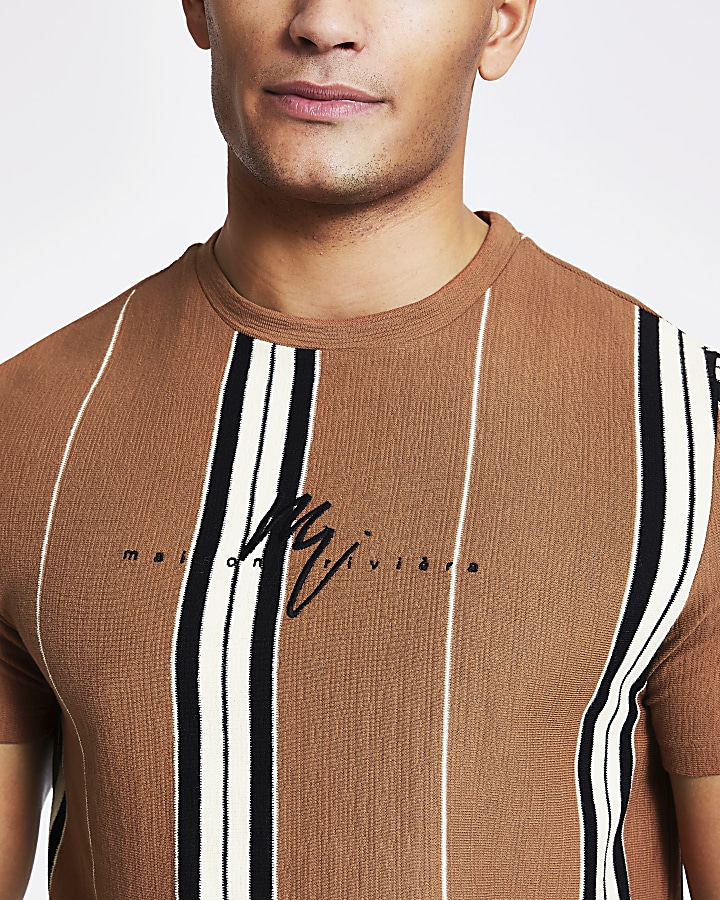 Maison Riviera brown textured stripe T-shirt