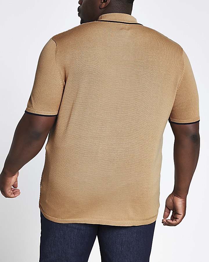 Big & tall beige knit short sleeve polo shirt