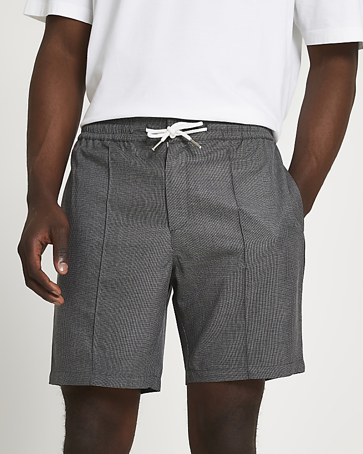 Grey micro check slim fit shorts