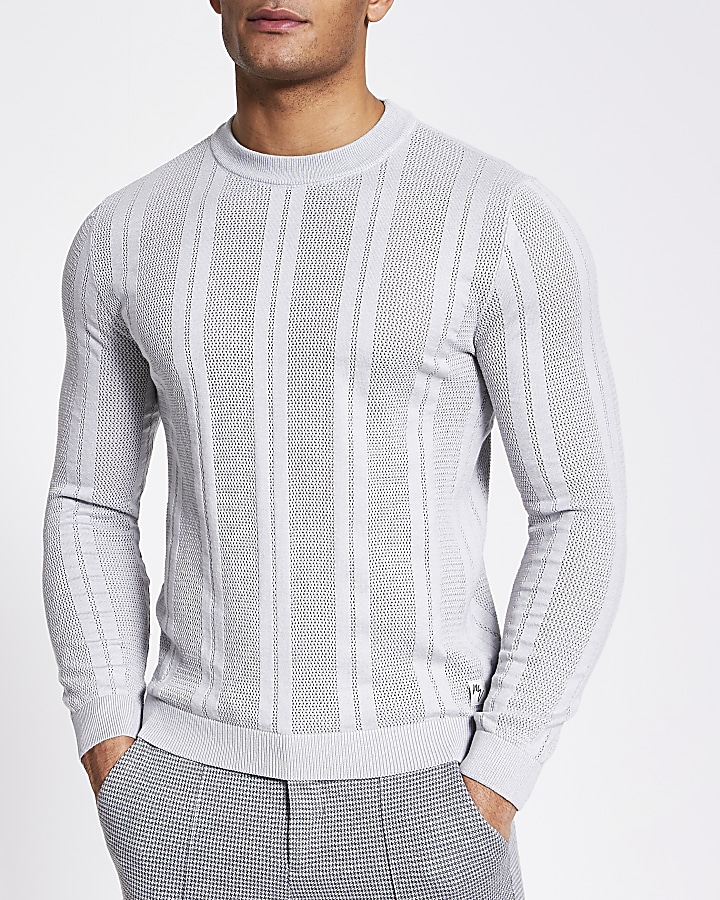 Grey mesh stripe slim fit knitted jumper