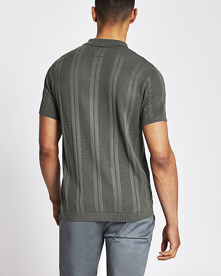 Green stripe half zip slim fit knit polo top