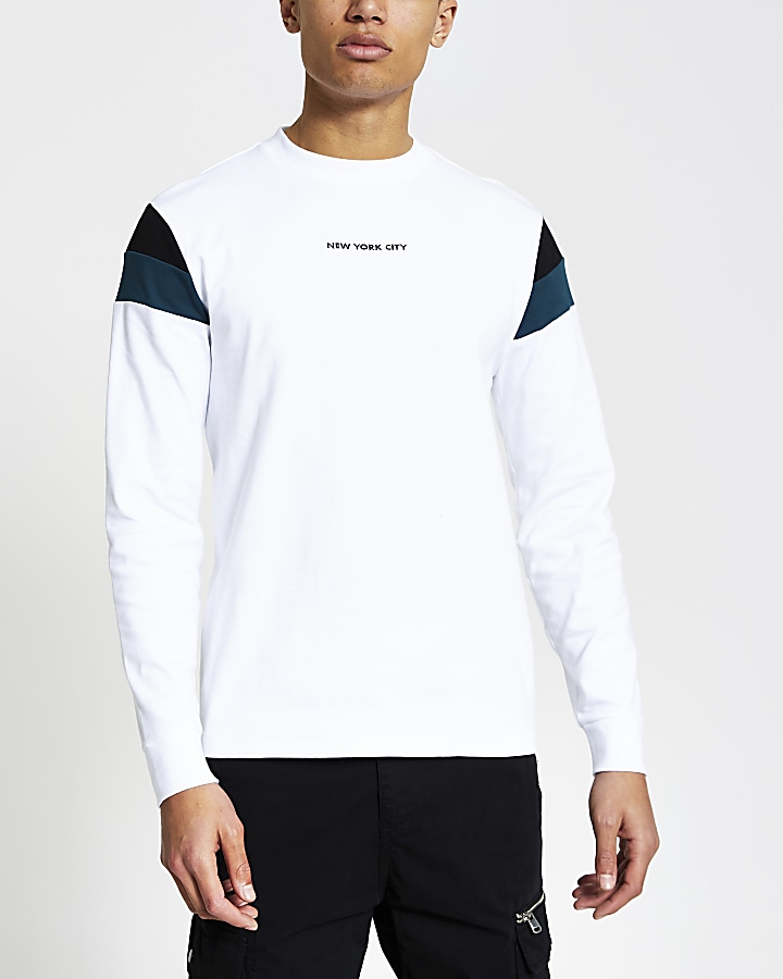 White colour blocked slim fit T-shirt