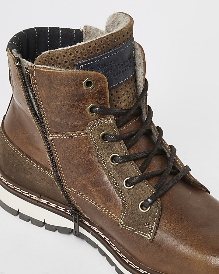 Brown leather lace-up military ankle boots