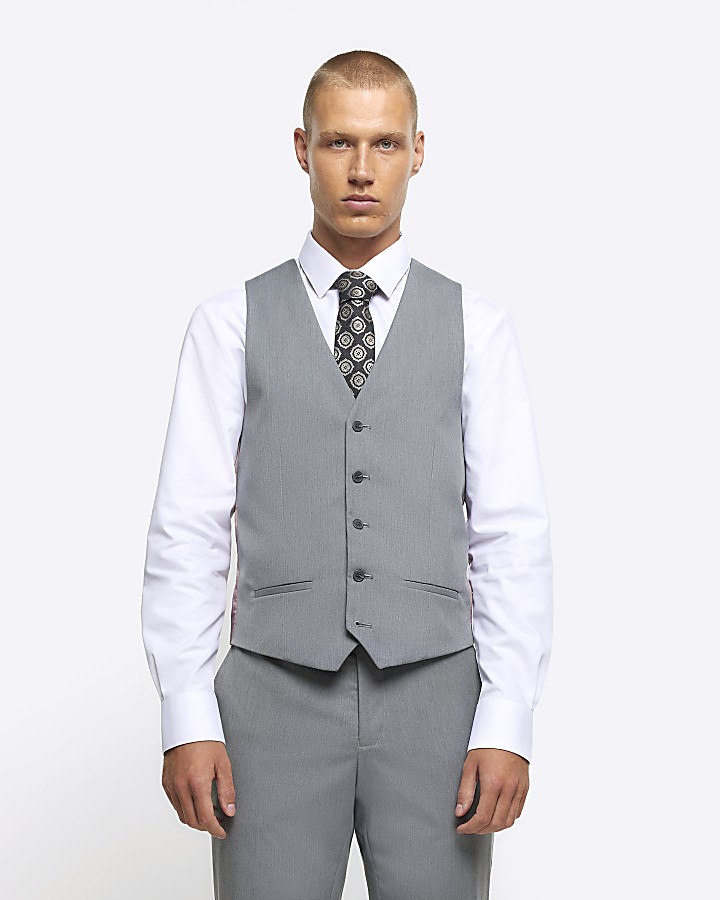 Grey Skinny fit twill suit waistcoat