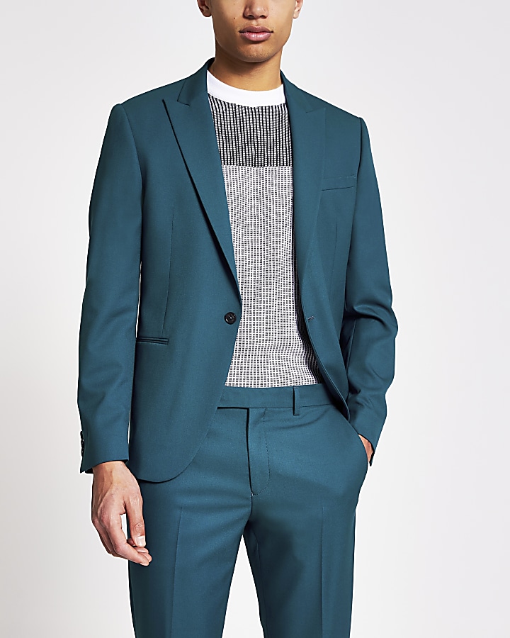 Teal skinny fit suit jacket