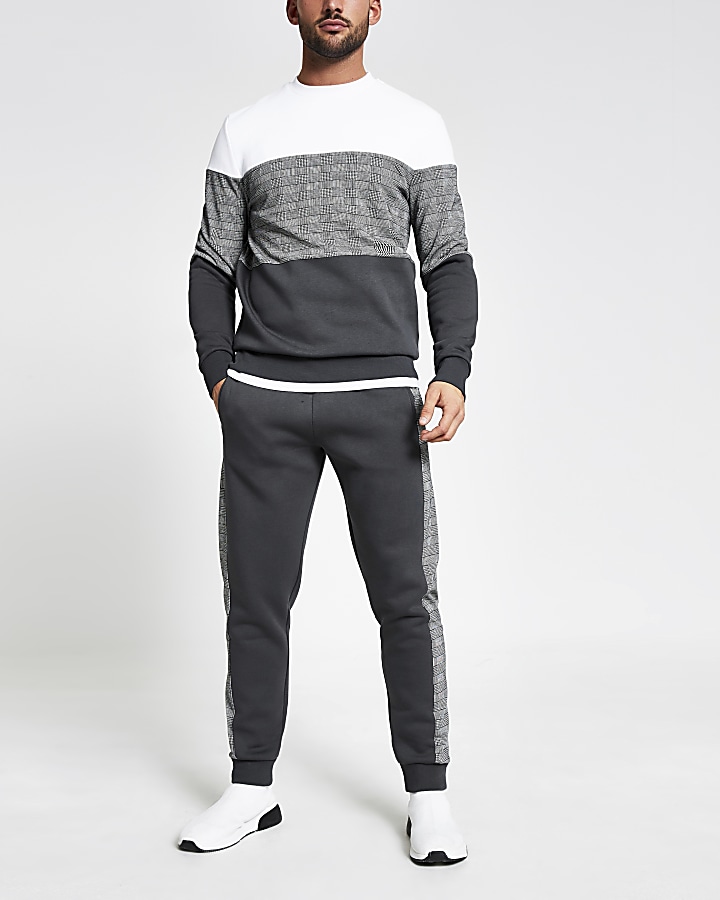Grey check colour block slim fit sweatshirt