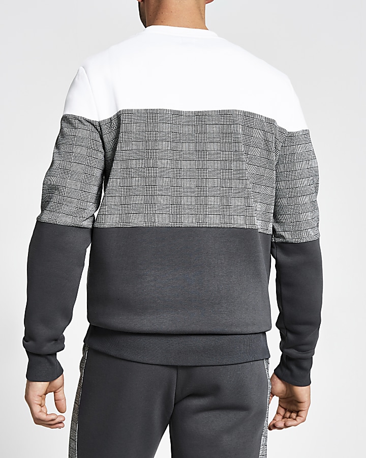 Grey check colour block slim fit sweatshirt