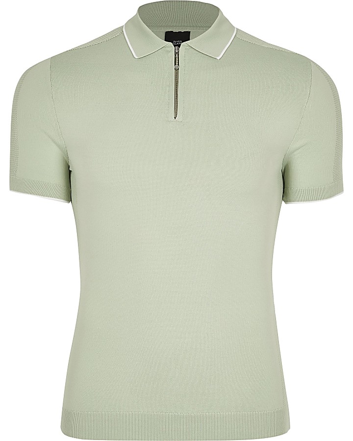 Green half zip muscle fit knitted polo top