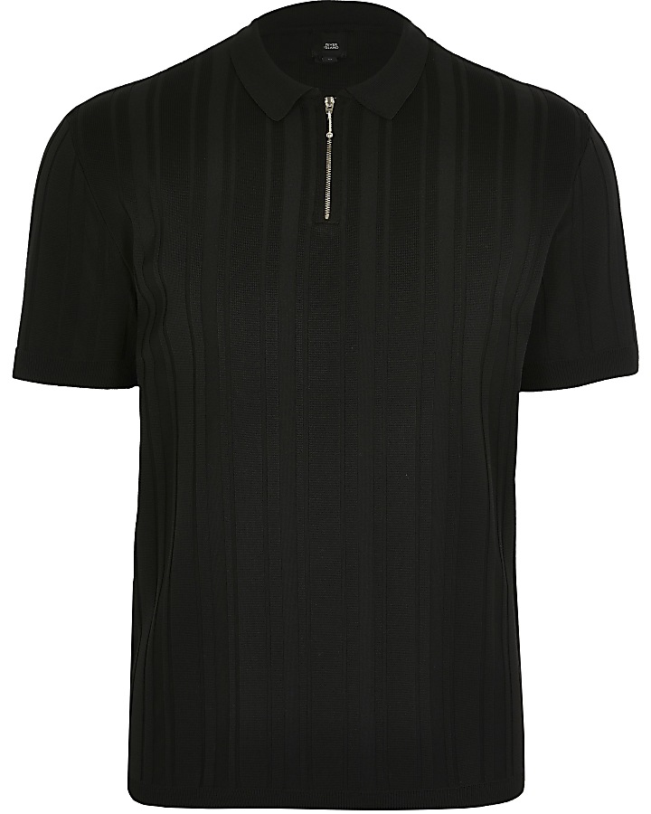 Black ribbed half zip knitted polo top