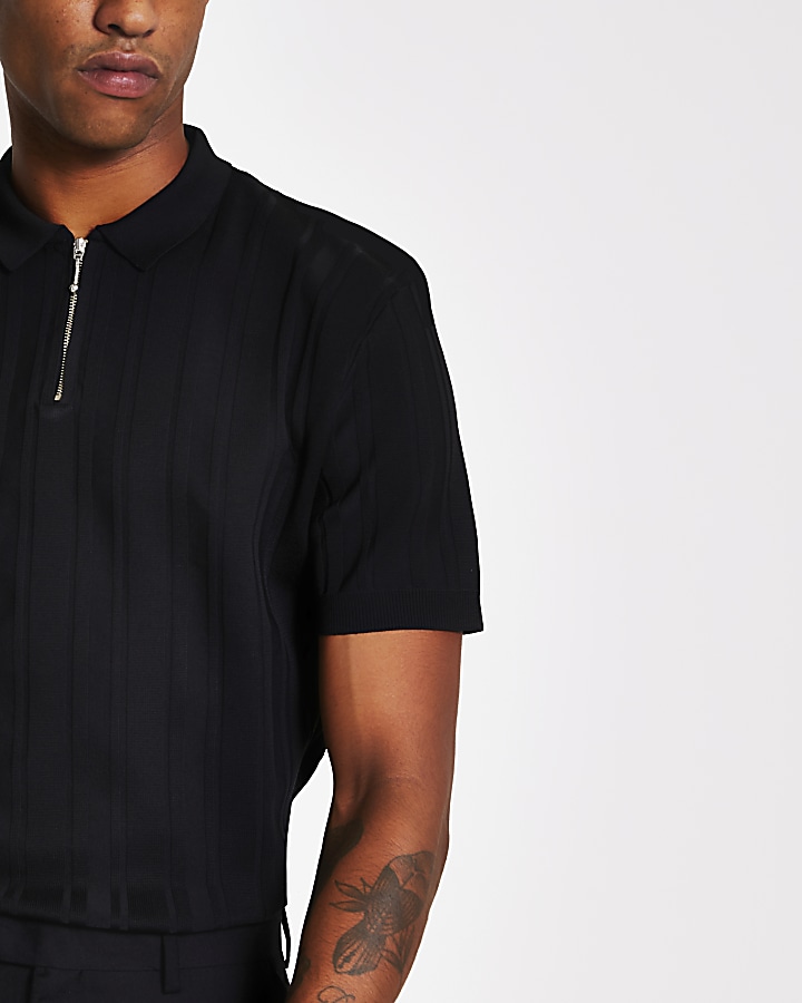 Black ribbed half zip knitted polo top