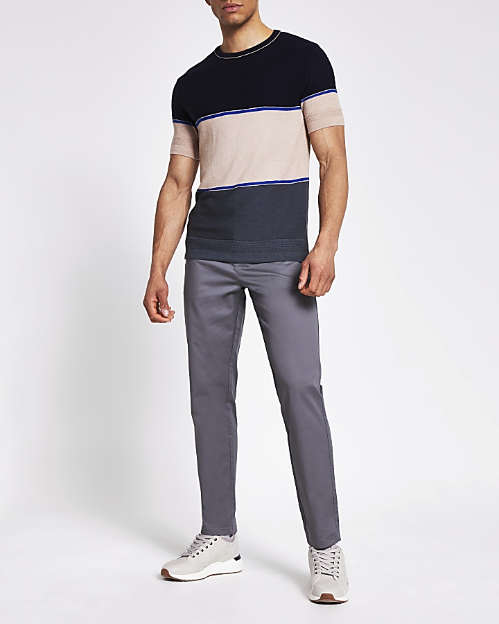 Navy colour blocked slim fit knitted T-shirt
