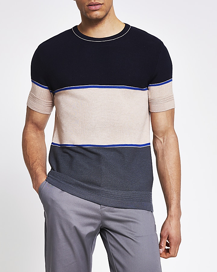 Navy colour blocked slim fit knitted T-shirt