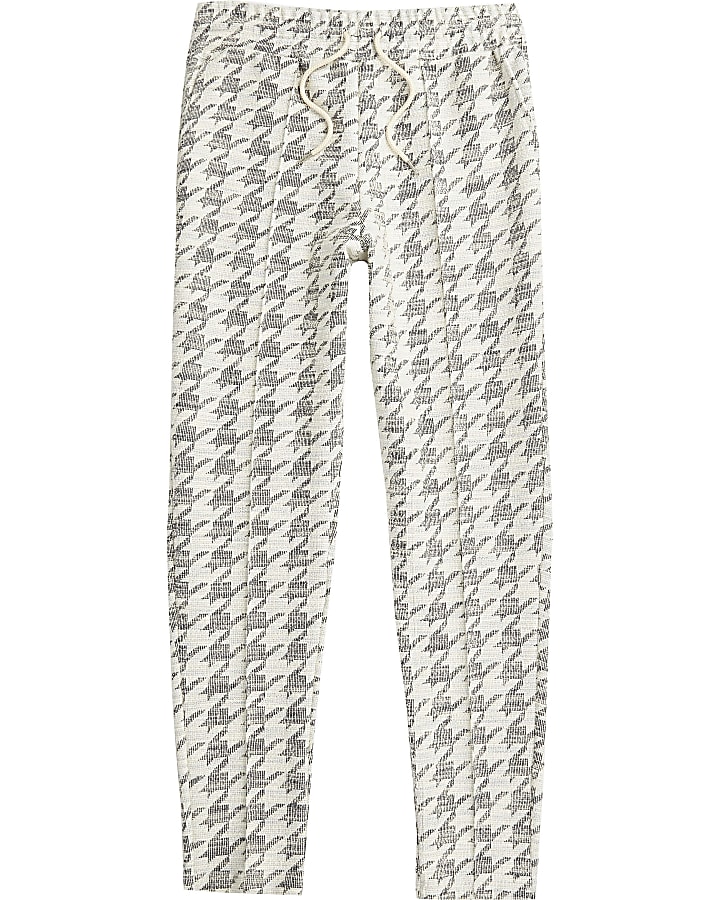 Ecru dogtooth check textured slim fit joggers