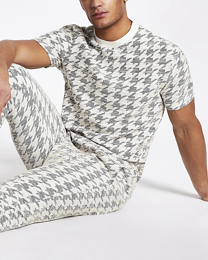 Ecru dogtooth check textured slim fit joggers