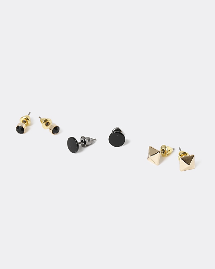 Black and gold stud earrings 3 pack