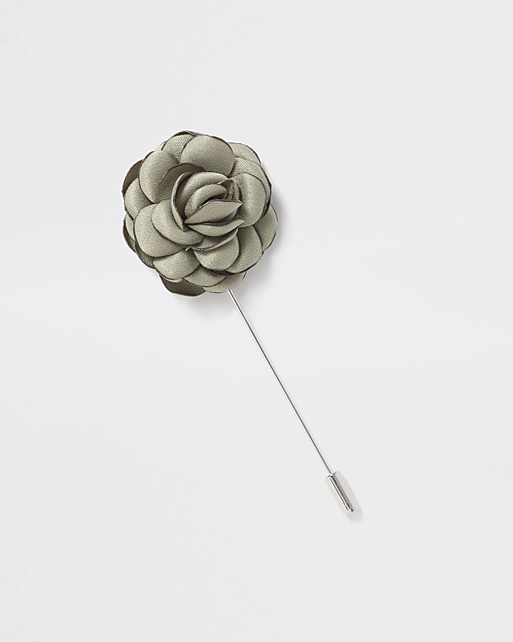 Silver tone green rose lapel pin