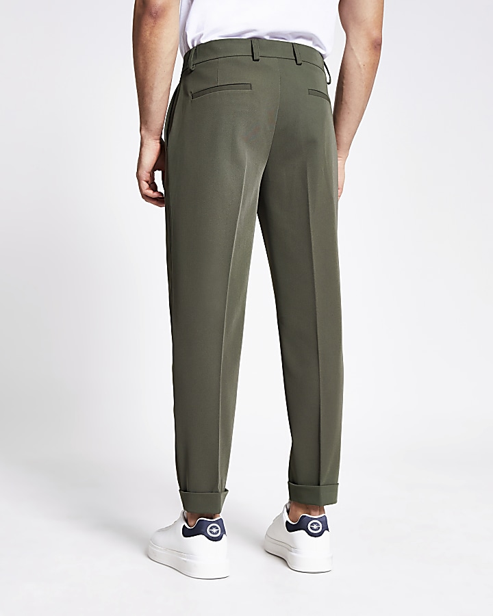 Green single pleat tapered fit trousers