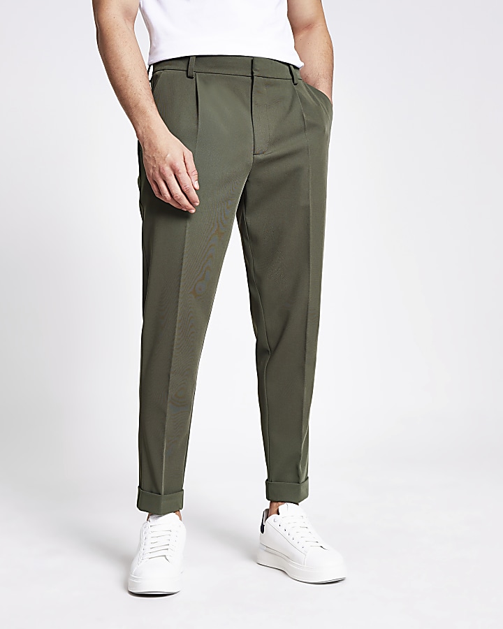 Green single pleat tapered fit trousers