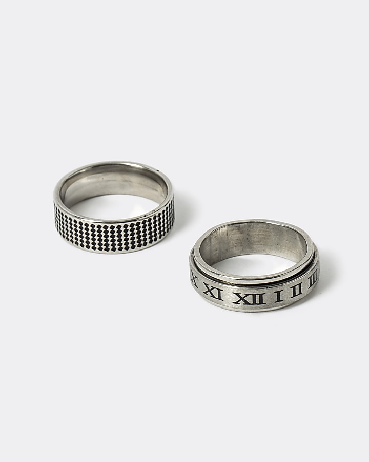 Silver stainless steel embossed rings 2 pack