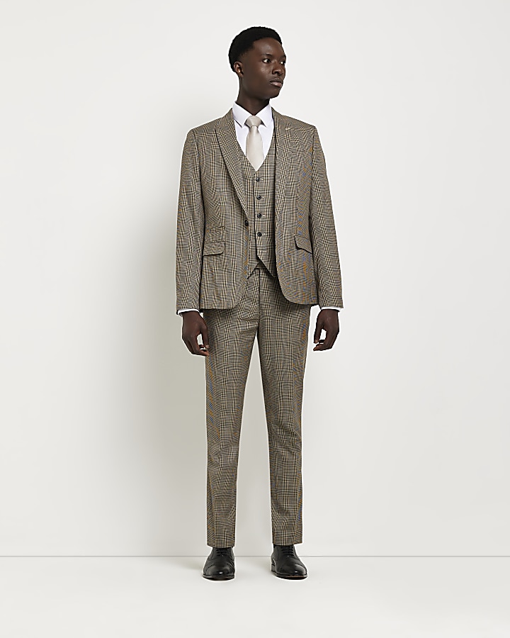 Brown check skinny fit suit trousers