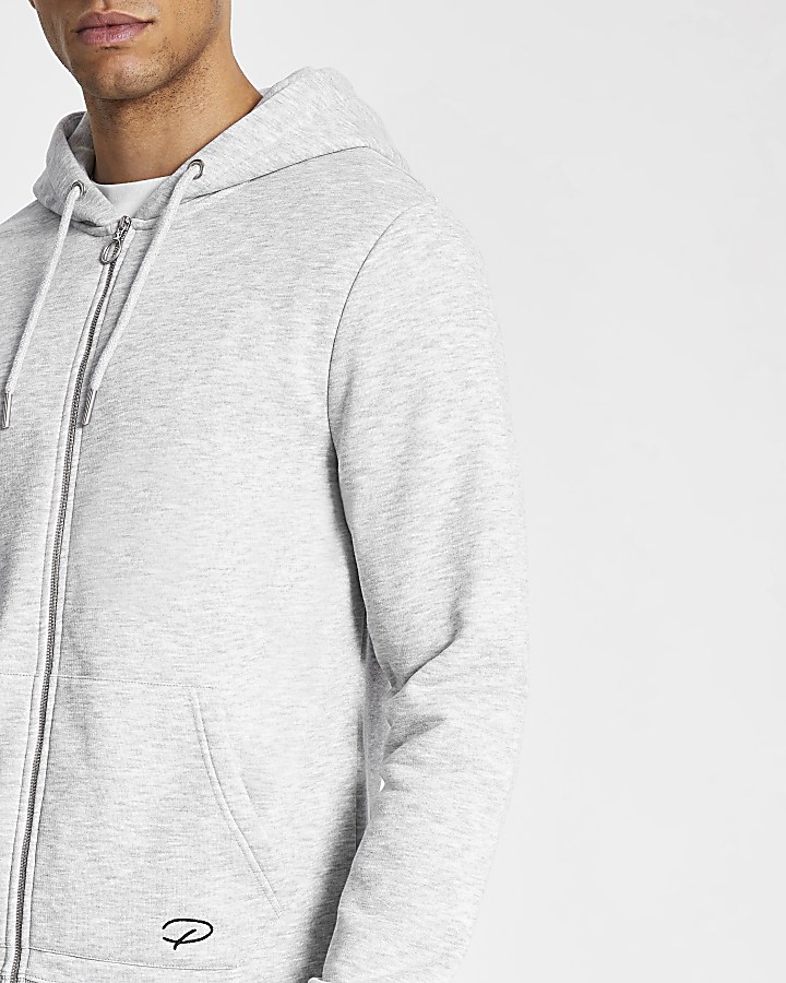 Prolific grey marl zip up front slim hoodie