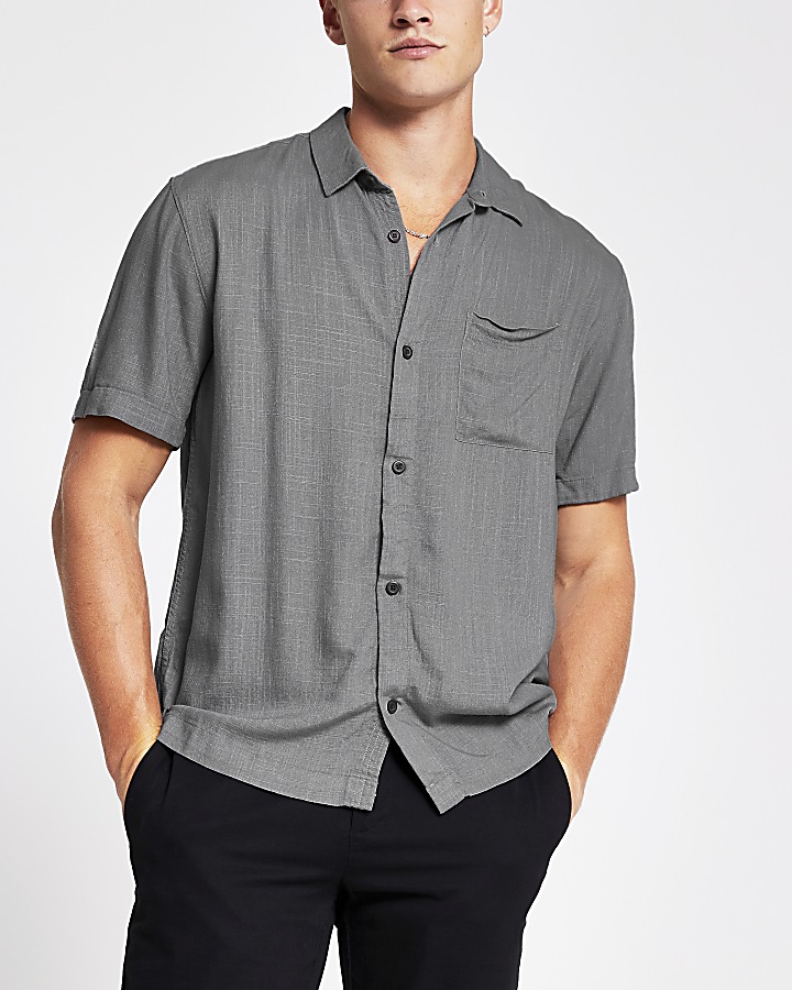 Grey short sleeve linen regular fit shirt