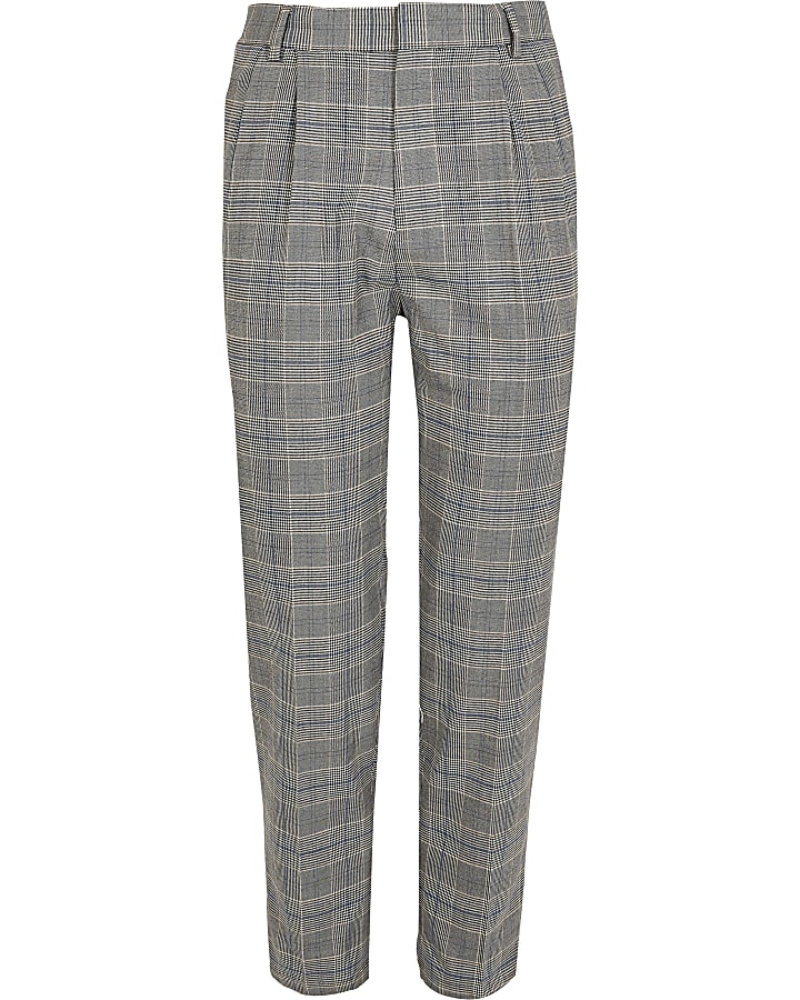 Grey pleated check print tapered trousers