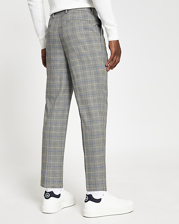 Grey pleated check print tapered trousers