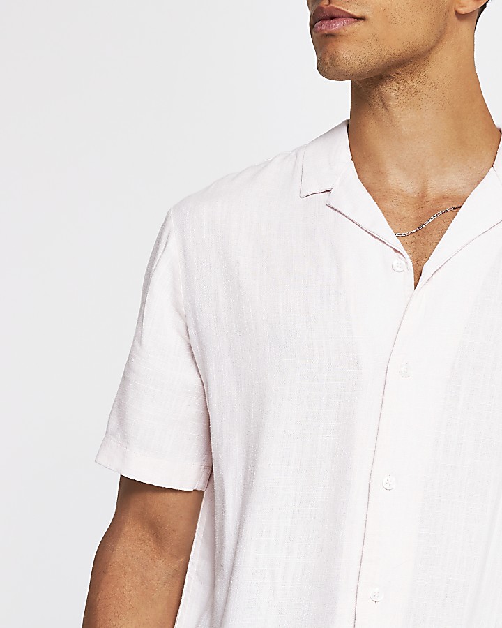Pink short sleeved linen regular fit shirt