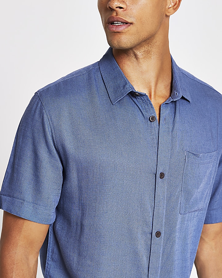 Blue short sleeve linen regular fit shirt
