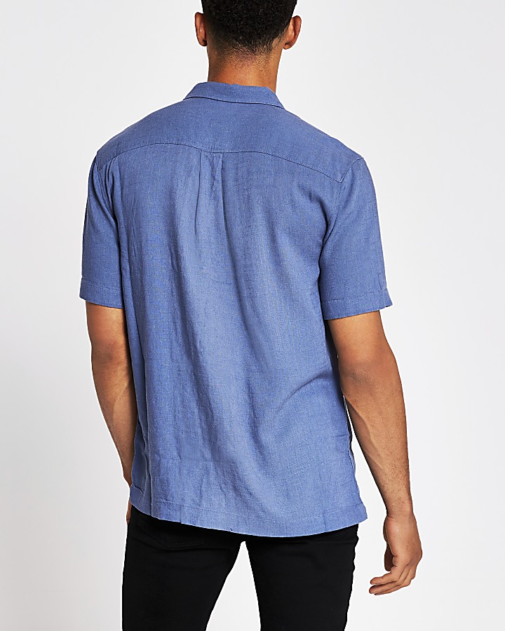 Blue short sleeve linen regular fit shirt