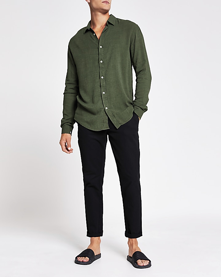 Khaki long sleeve linen regular fit shirt