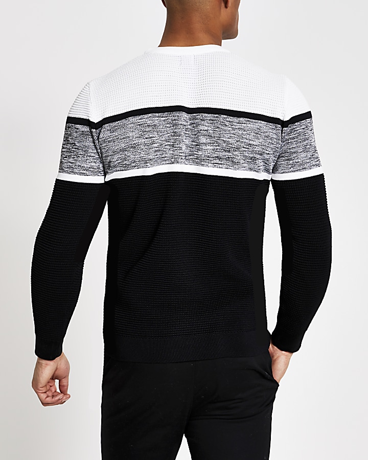 Black colour blocked slim fit knitted jumper