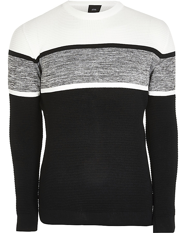 Black colour blocked slim fit knitted jumper