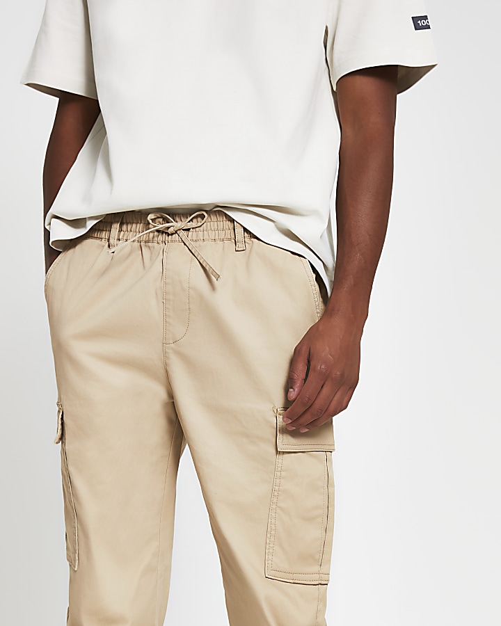 Stone pull on twill skinny fit cargo trousers