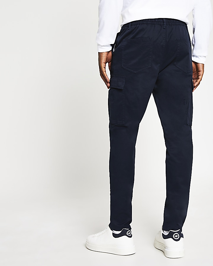 Navy pull on twill skinny fit cargo trousers