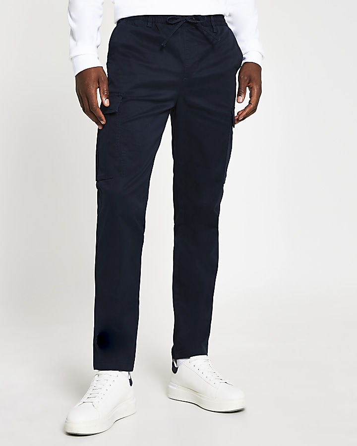Navy pull on twill skinny fit cargo trousers