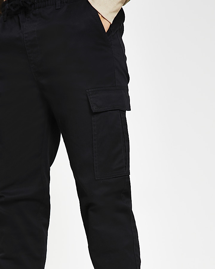 Black pull on twill skinny fit cargo trousers