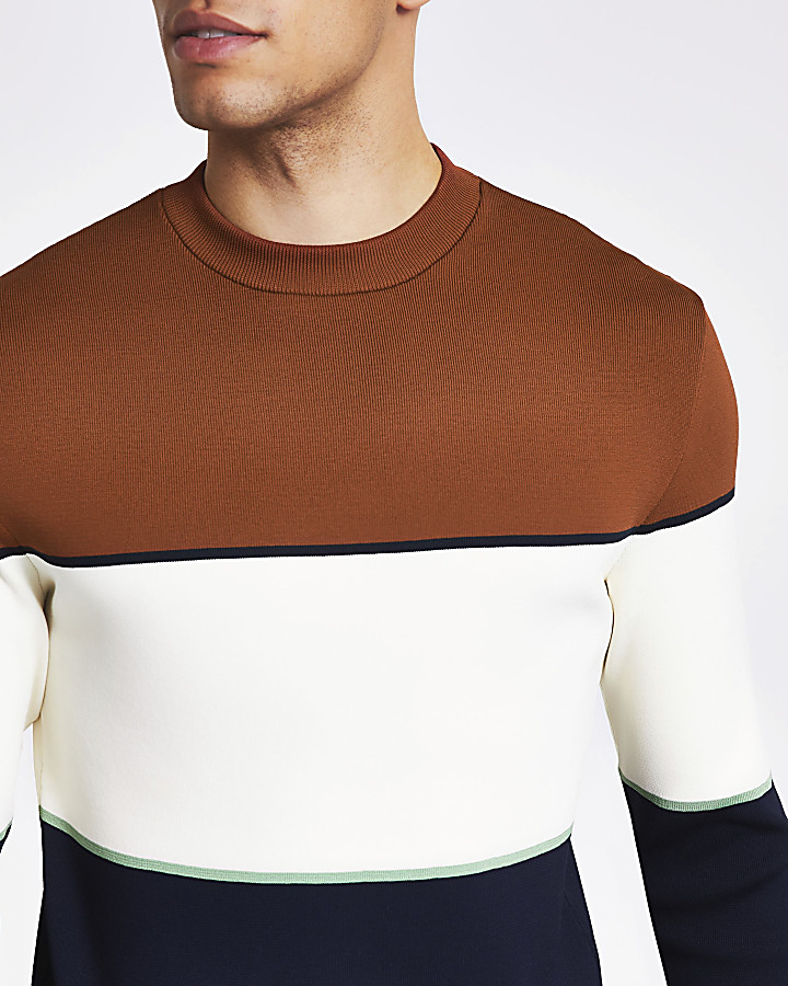 Brown colour blocked slim fit knitted jumper