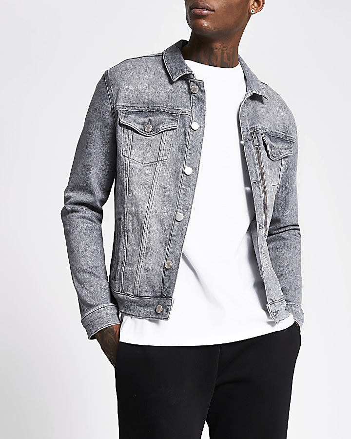 Grey zip pocket classic fit denim jacket