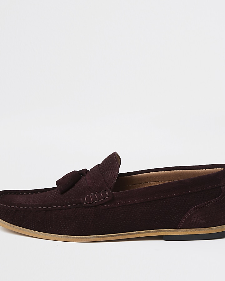 Red suede tassel loafers