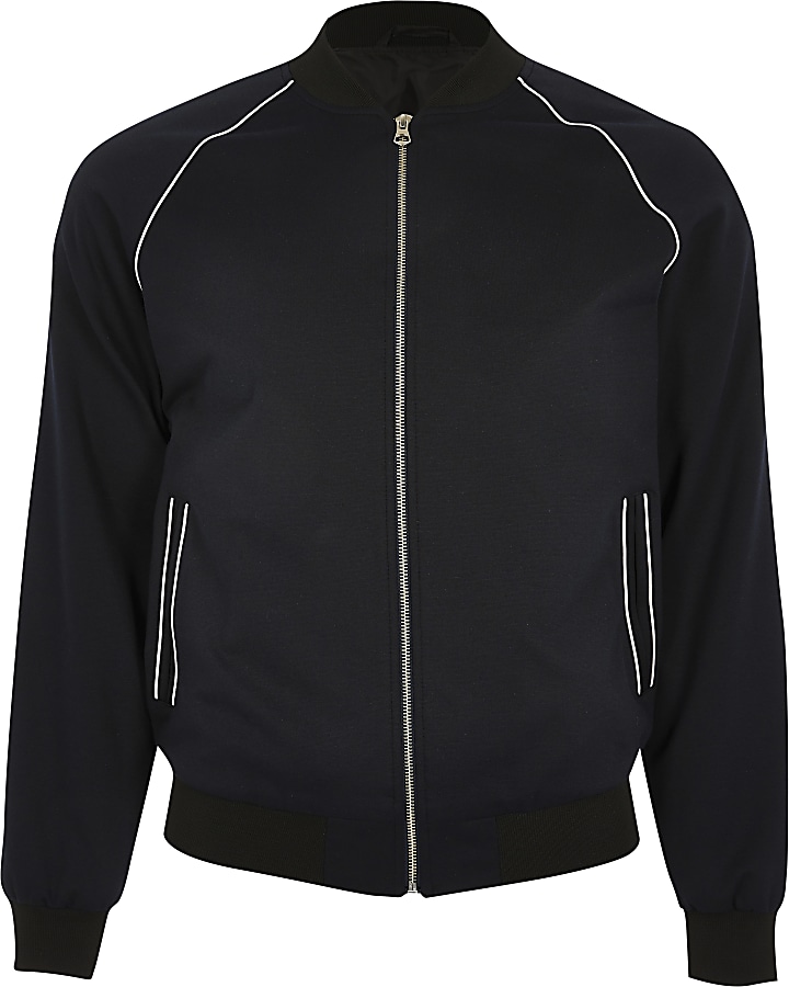 Navy piped skinny fit bomber jacket