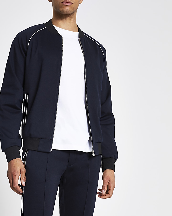 Navy piped skinny fit bomber jacket