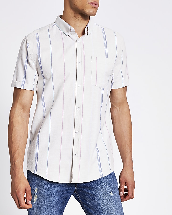 Ecru stripe regular fit short sleeve shirt