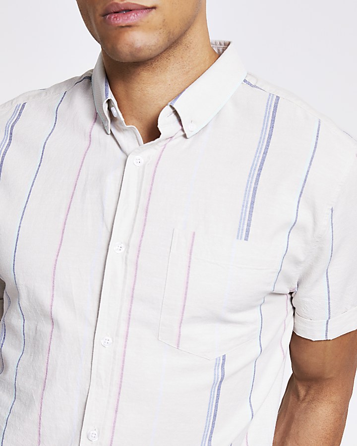 Ecru stripe regular fit short sleeve shirt